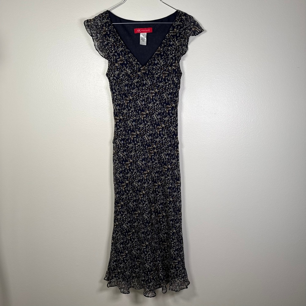 Anne Klein Silk Midi Dress Womens 10 Navy Blue Floral Flutter Sleeve V-Neck